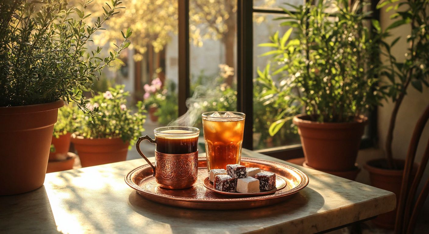 A sunlit Turkish café terrace with a small copper tray holding a steaming cup of traditional Turkish coffee, a glass of iced cold brew, and a plate of lokum, surrounded by lush potted plants and warm golden light.
