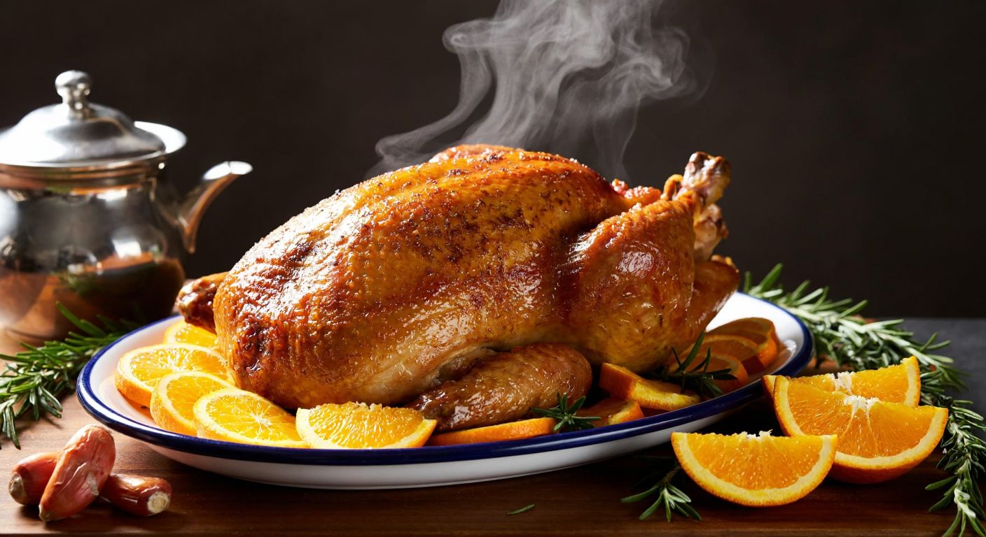 A golden-brown roasted duck glazed with orange sauce, resting on a traditional Turkish ceramic platter, surrounded by fresh orange slices and sprigs of rosemary, with steam rising from the dish in a warm, inviting kitchen.