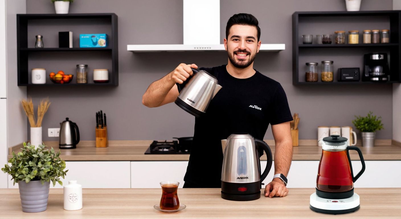 A Turkish man in a modern kitchen proudly holding an Awox-branded electric kettle, with shelves displaying other Awox appliances and a steaming cup of çay on the counter.