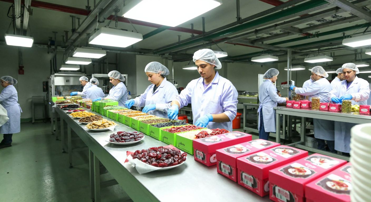A bustling food packaging factory in Sakarya's Hendek district, with workers in hairnets and uniforms carefully sealing colorful boxes of Turkish delights and dried fruits on a conveyor belt under bright industrial lights.
