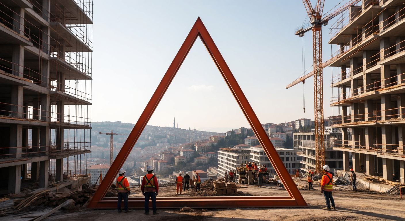 A sturdy steel triangle rests atop a modern construction site in Istanbul, with workers in hard hats below, symbolizing strength and upward progress.