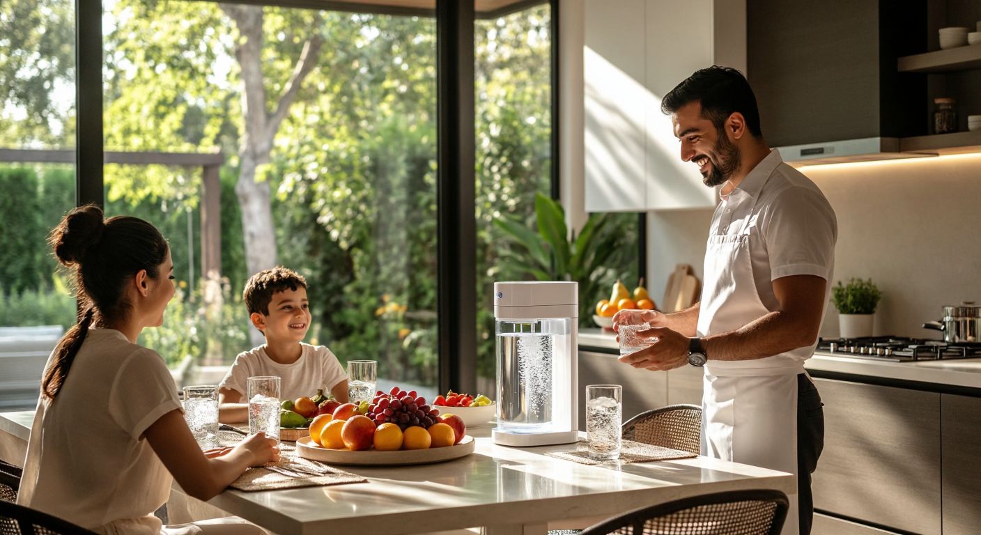 A modern Turkish kitchen with a smiling family gathered around a sleek water filtration system, while a salesperson in a crisp uniform demonstrates its features, with sunlight streaming through the window onto a table set with fresh fruit and glasses of clean water.