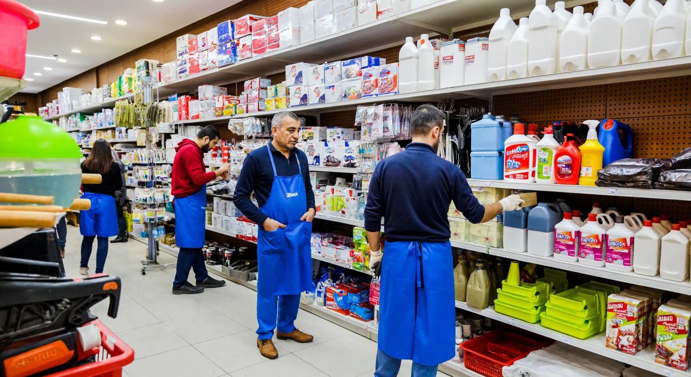 A bustling Turkish hardware store with shelves stacked with cleaning supplies, plastic household items, and tools, while workers in blue aprons assist customers in a lively marketplace setting.
