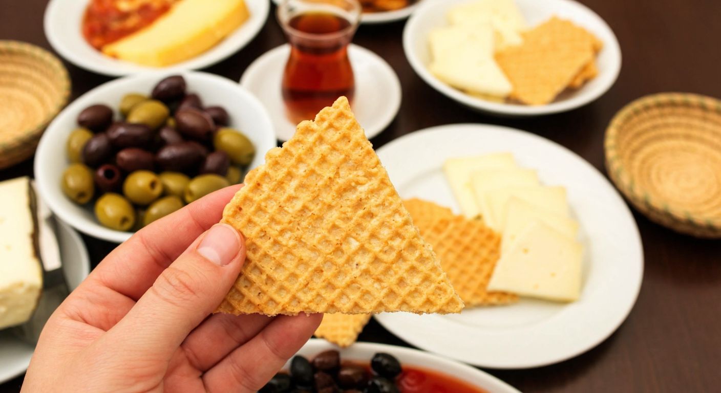 A hand holding a golden, crumbly vanilla wafer against a backdrop of a Turkish breakfast table with olives, cheese, and tea.