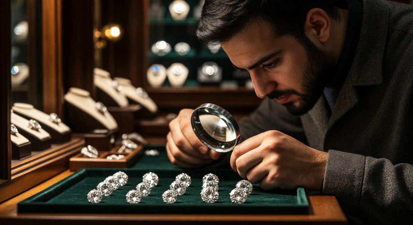 A jeweler in a dimly lit Istanbul shop examines a sparkling diamond under a magnifying glass, with a row of graded diamonds displayed on a velvet-lined tray beside him.