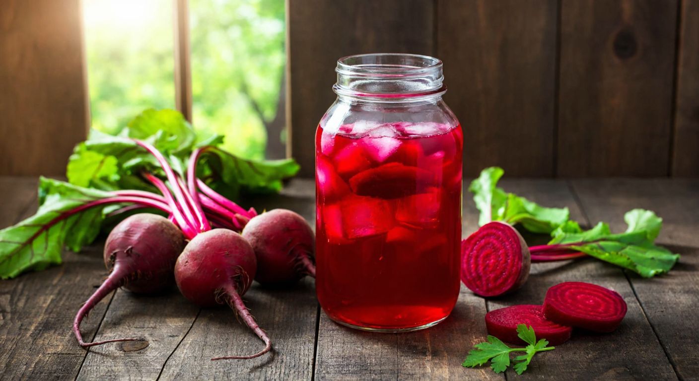 A glass jar filled with vibrant red beet kvass, bubbling with fermentation, surrounded by fresh beets and herbs on a rustic wooden table in a sunlit Turkish kitchen.