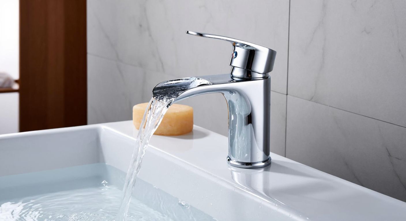 A sleek, modern chrome faucet with water cascading smoothly, set against a clean white marble sink in a well-lit Turkish bathroom, conveying quality and elegance.
