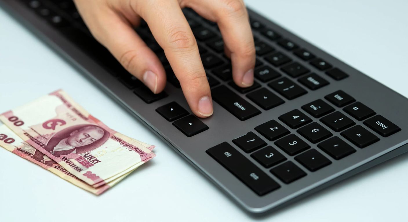 A close-up of a person's hands typing on a Turkish keyboard, with one finger pressing the Alt Gr key and another hovering over the T key, while a small stack of Turkish lira banknotes sits beside the keyboard.