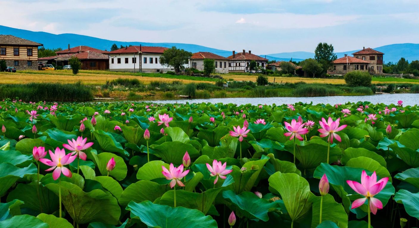 A serene rural landscape in Turkey with vibrant pink lotus flowers blooming near Eber Lake, surrounded by lush greenery and traditional village houses in the background.