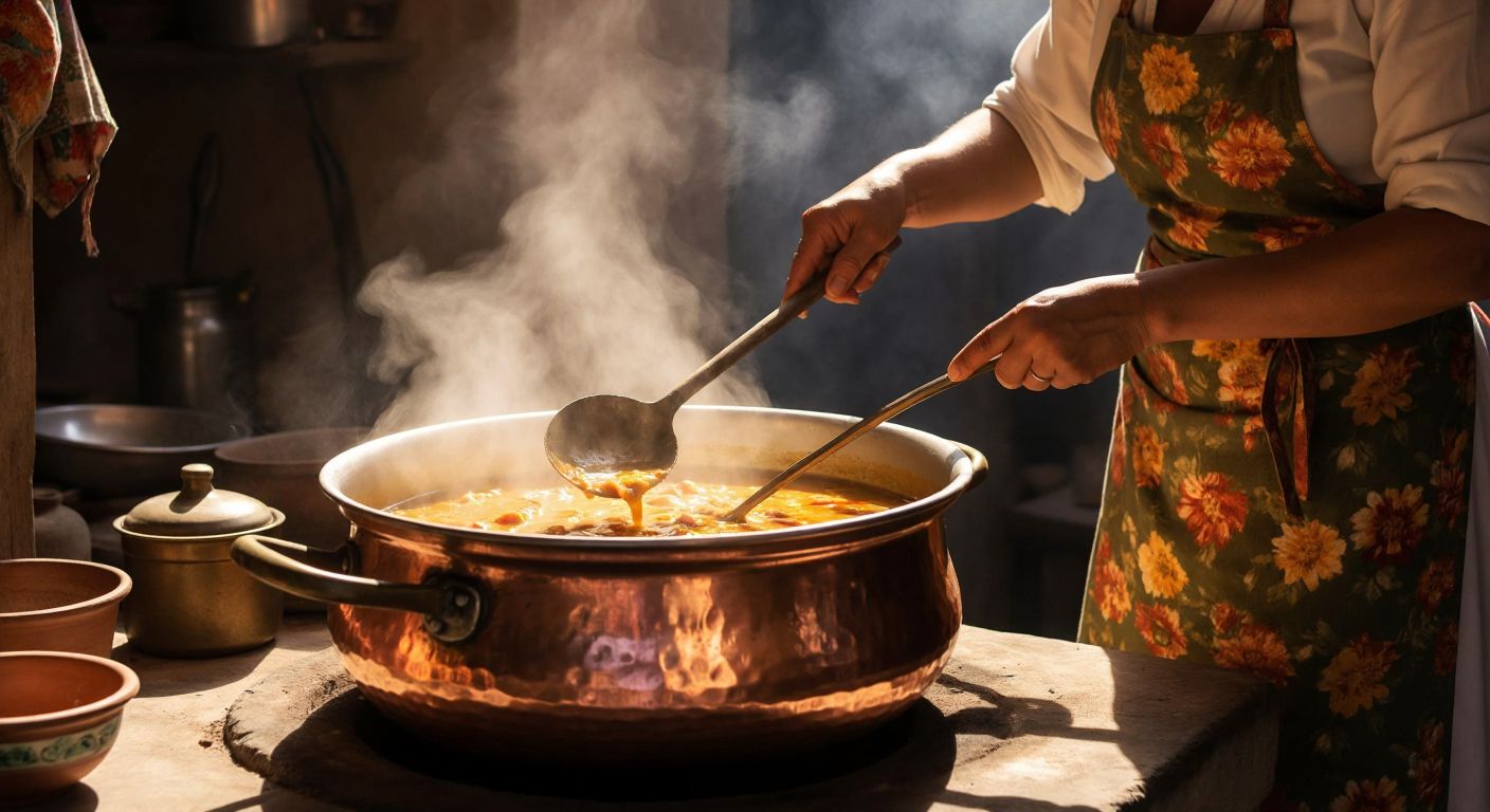 A weathered wooden spoon rests on the edge of a bubbling copper pot filled with a golden stew, steam rising as a Turkish cook in a floral apron stirs it gently over a clay oven.