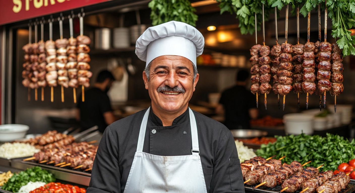 A middle-aged Turkish man with a warm smile, wearing a white apron and a traditional chef's hat, stands proudly in front of a bustling kebab restaurant with skewers of sizzling meat and fresh herbs on display.