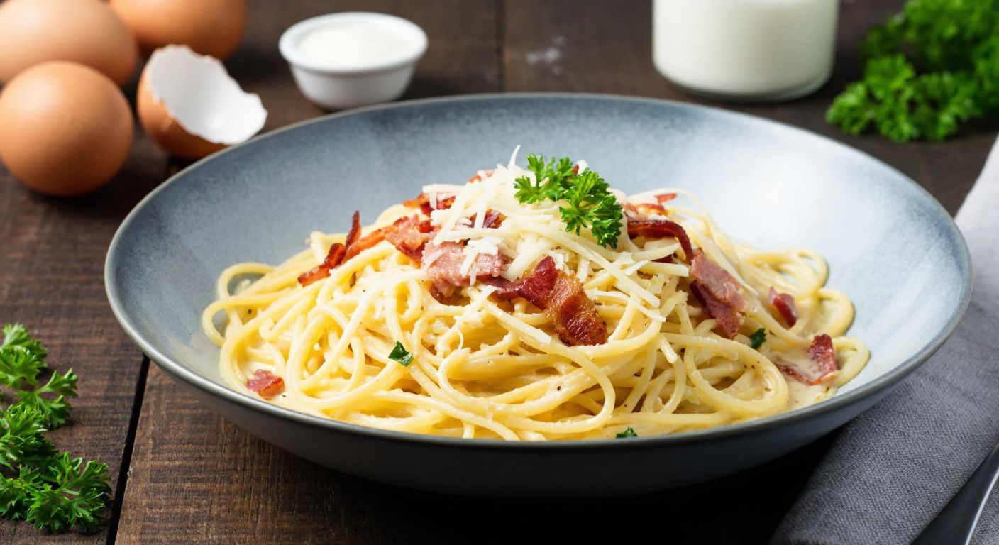 A steaming plate of creamy spaghetti carbonara topped with crispy bacon, grated cheese, and fresh parsley, resting on a rustic wooden table with scattered ingredients like eggs, cream, and herbs nearby.