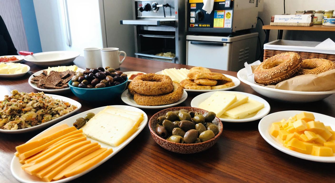 A bustling Turkish breakfast spread with olives, cheeses, and simit on a wooden table in Bursa, contrasted with industrial food processing machines in Adana, and a small neighborhood grocery shelf in Manisa stocked with local goods.