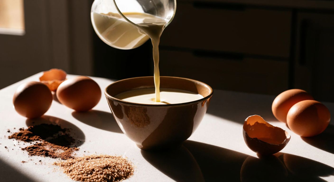 A close-up of a Turkish kitchen counter with a bowl of cold milk being poured into a mixture of cocoa and sugar, surrounded by ingredients like eggs and butter, with a warm, inviting light casting soft shadows.