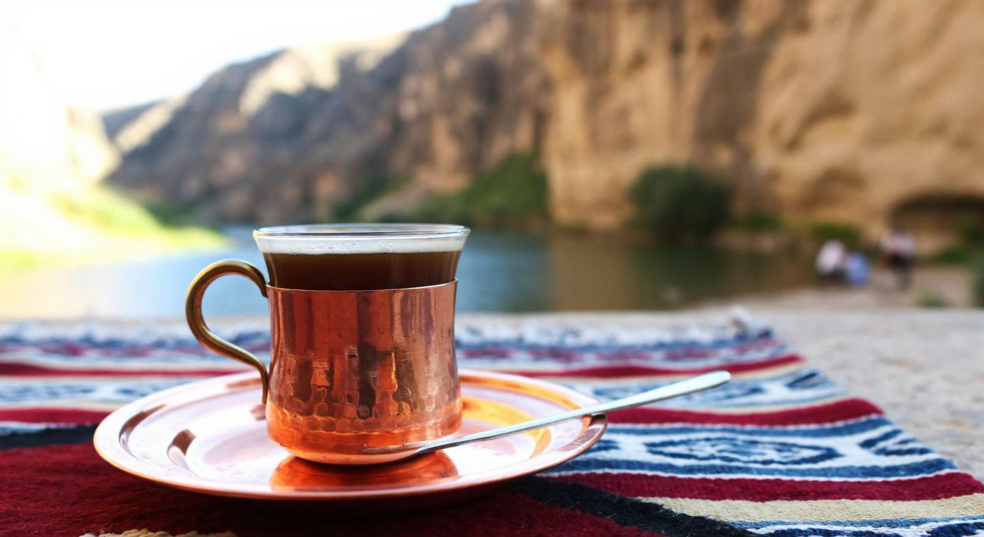A steaming cup of dark Turkish coffee on a copper tray, set against the rugged, sunlit cliffs of Hasankeyf with a traditional woven rug in the background.