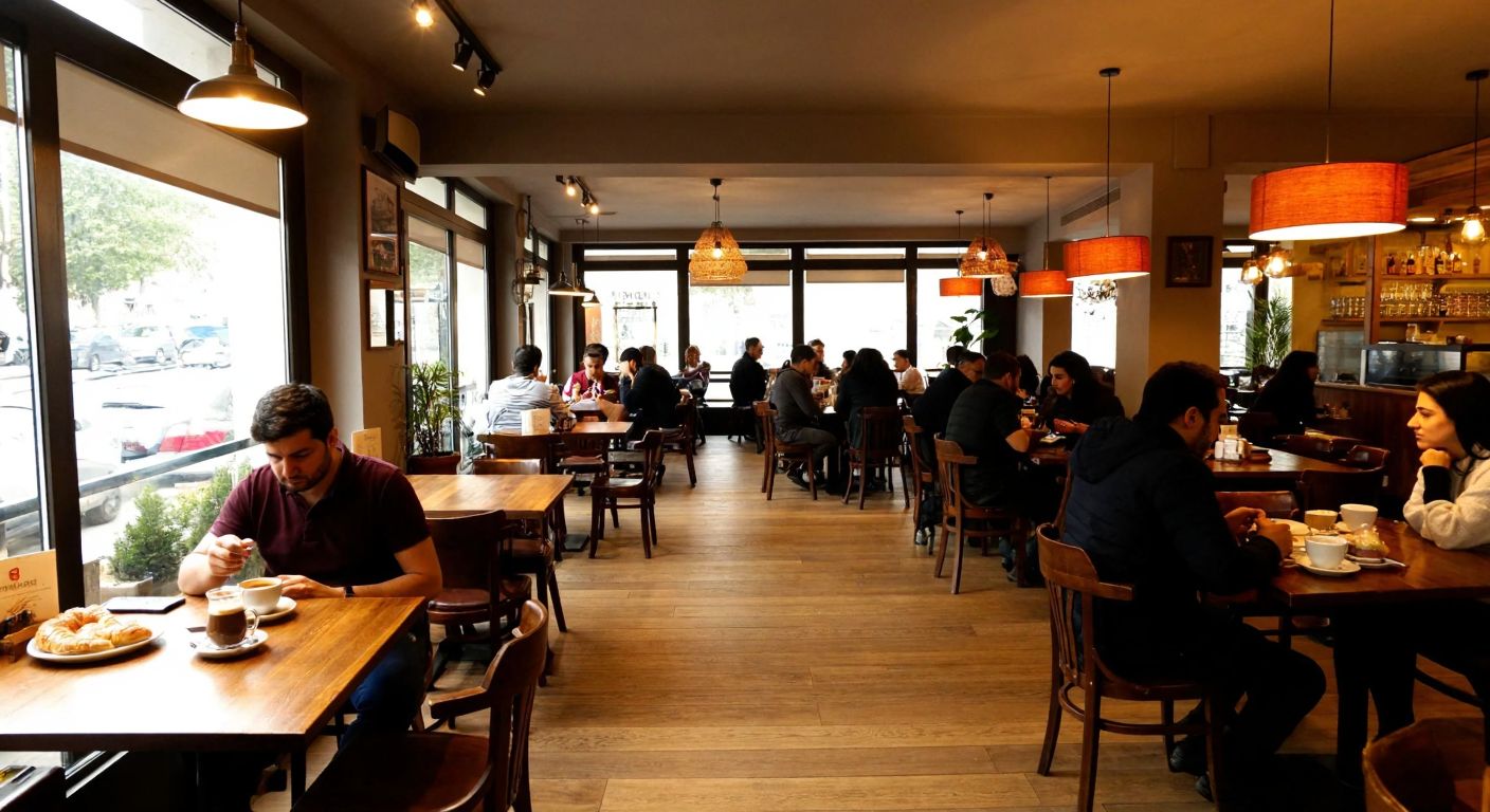 A cozy café in Suadiye with warm lighting, wooden tables, and people enjoying Turkish coffee and pastries, evoking a nostalgic early 2000s vibe.