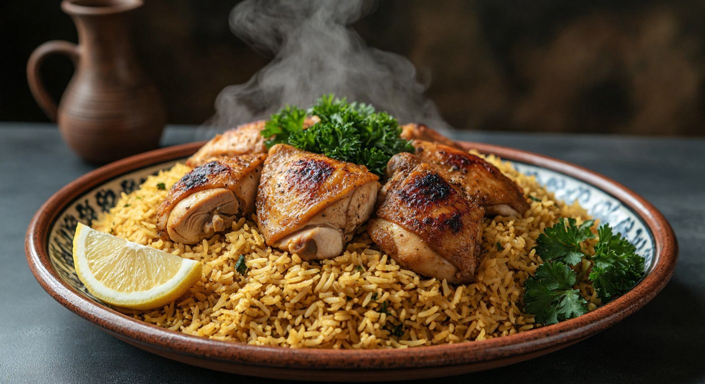 A steaming plate of golden rice with tender chicken pieces—some lean white breast meat and juicy dark thigh meat—resting on a rustic Turkish ceramic plate, garnished with fresh parsley and a wedge of lemon.