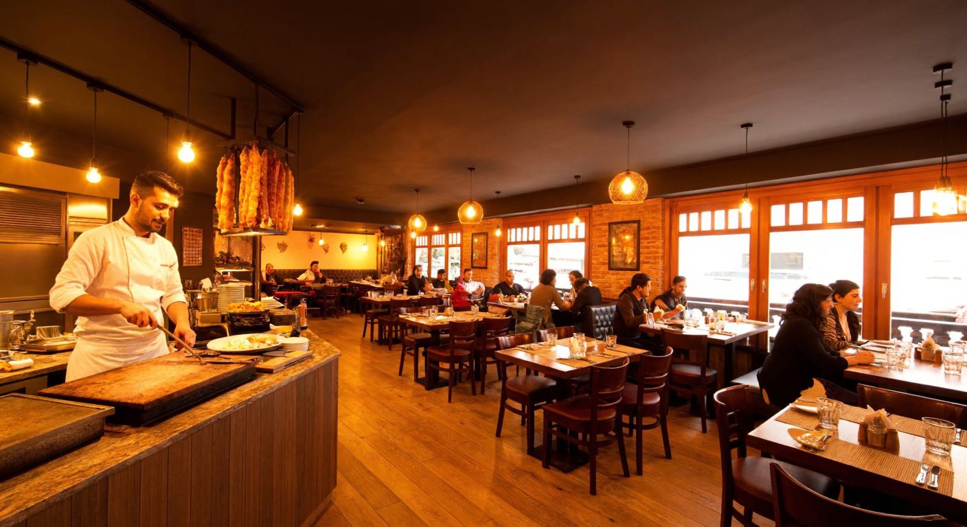 A cozy Turkish kebab restaurant with warm lighting, wooden tables, and a chef grilling skewered meat, while patrons enjoy their meals without any alcoholic beverages in sight.