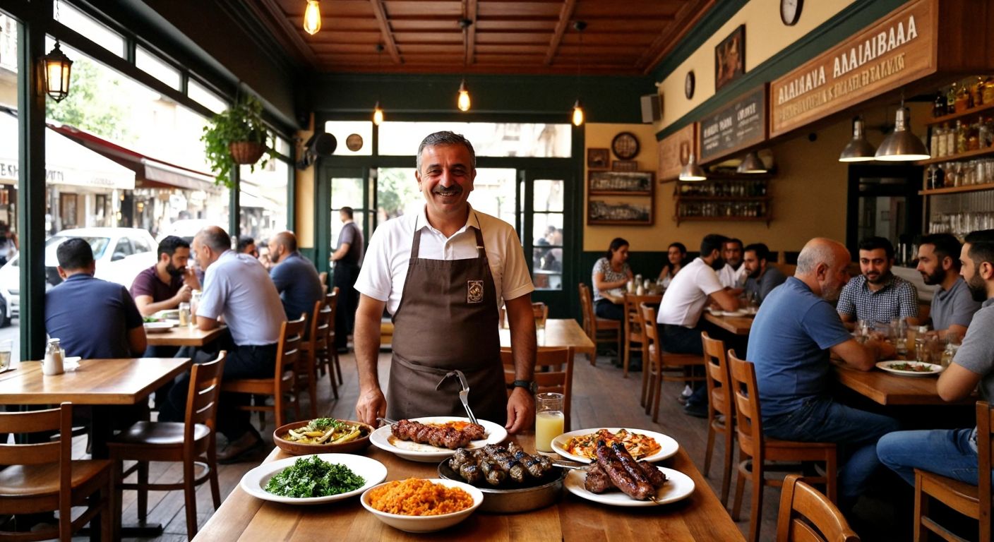 A warm, bustling Adana meyhane with wooden tables, sizzling kebabs on plates, and a smiling middle-aged man in an apron standing proudly near the entrance, surrounded by lively patrons enjoying rakı and mezze.