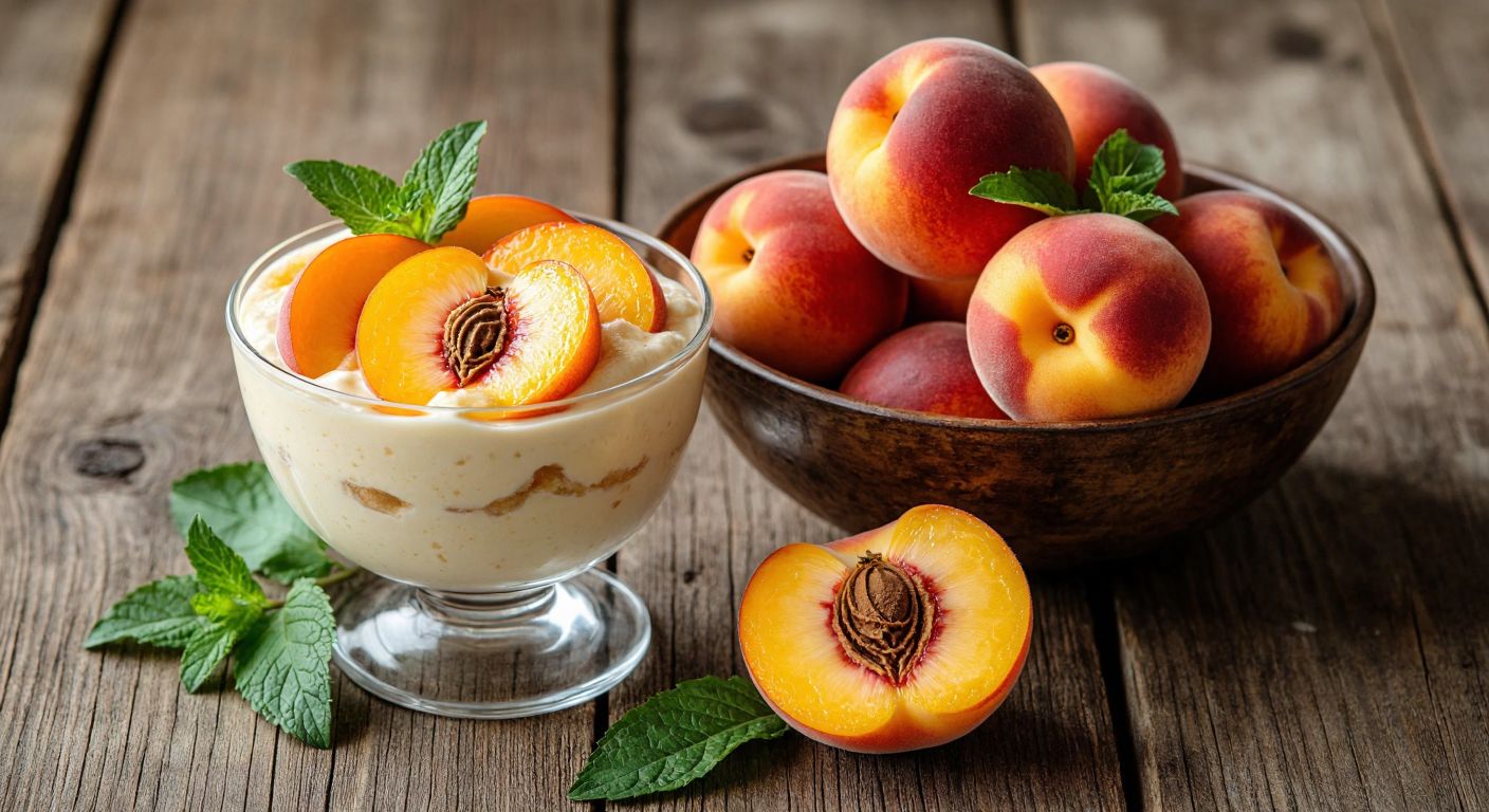 A rustic wooden table holds a bowl of ripe, medium-sized peaches with golden-orange skin, next to a creamy parfait in a glass dessert cup, garnished with fresh peach slices and mint leaves, evoking a warm Turkish kitchen.