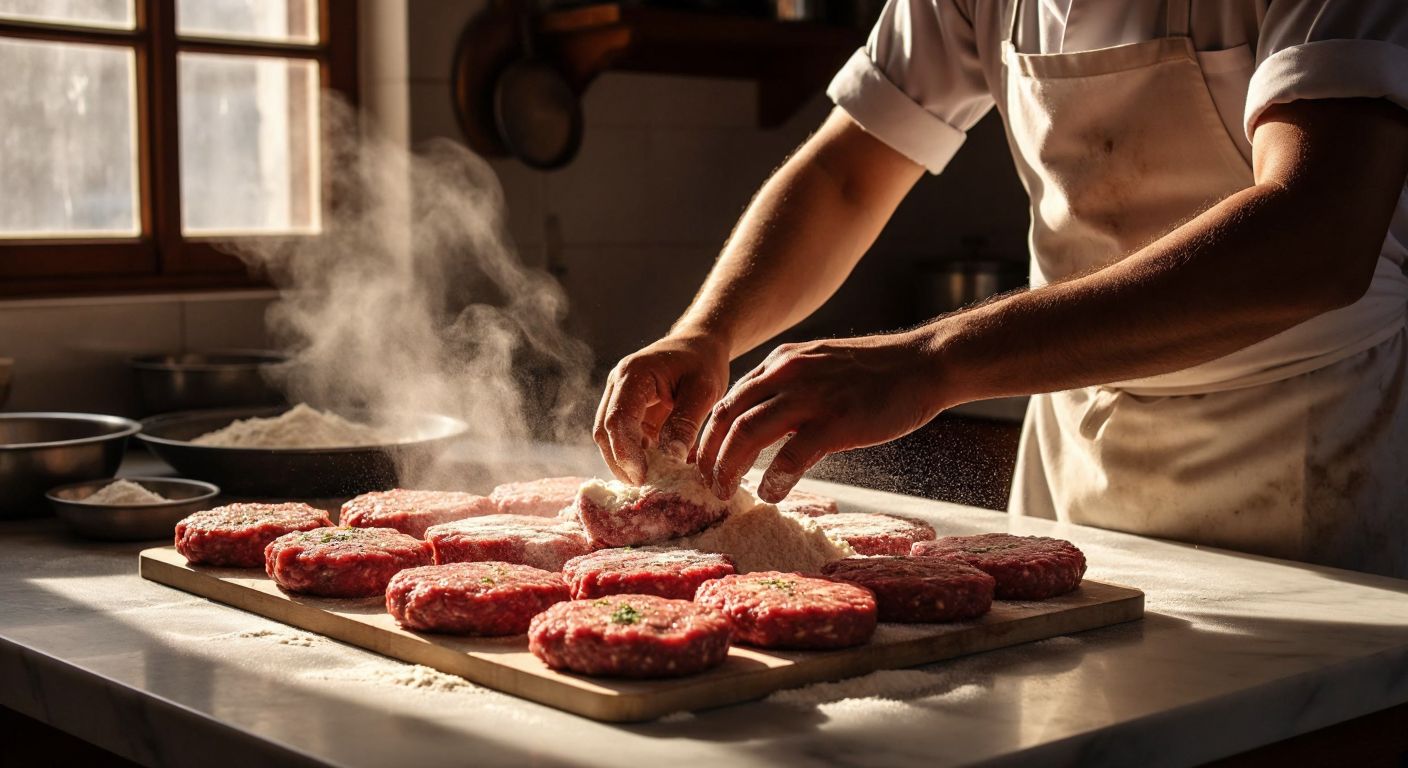 A Turkish cook in a sunlit kitchen kneads a mixture of minced meat, semolina, and salt on a marble counter, shaping flat, rectangular köfte patties with skilled hands.