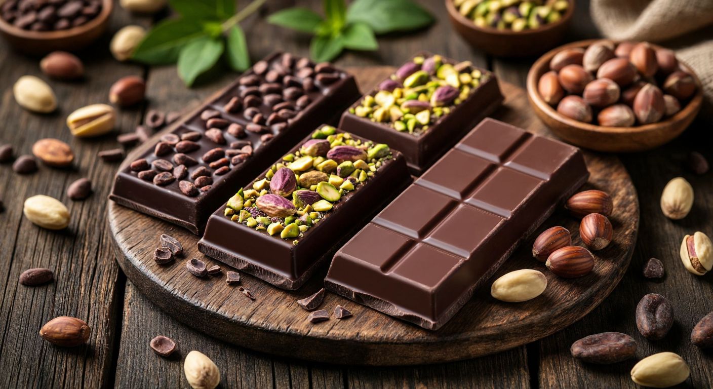 A rustic wooden table in a Turkish café holds three distinct chocolate bars—one dark with whole pistachios, another creamy with oat milk and crushed pistachios, and a third rich with hazelnuts—surrounded by scattered Antep pistachios and cocoa beans, evoking warmth and natural indulgence.