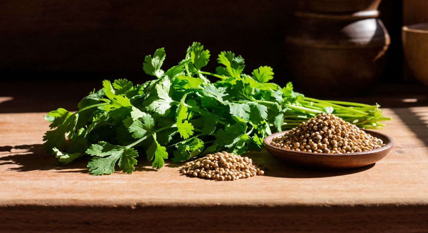 A vibrant green bunch of fresh cilantro leaves next to a small pile of golden coriander seeds on a rustic wooden table in a sunlit Turkish kitchen.
