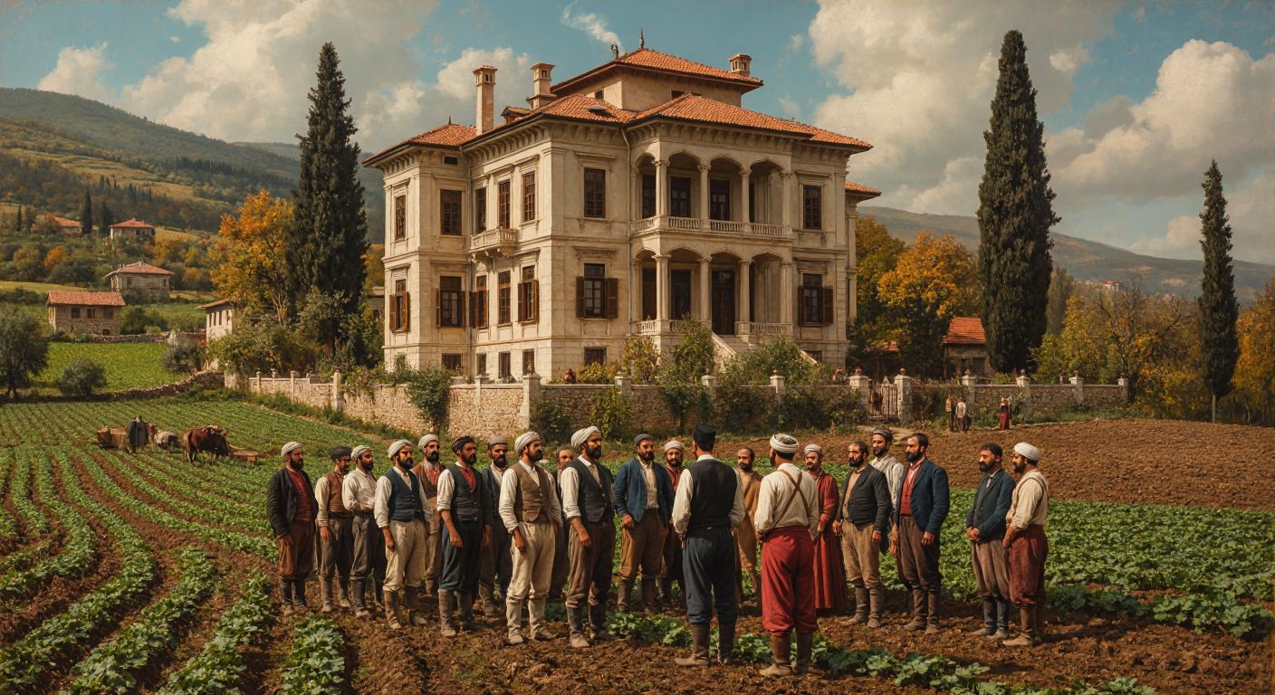 A stately Ottoman-era mansion surrounded by fertile fields, with a group of well-dressed landowners standing proudly in front, overseeing local farmers working the land.