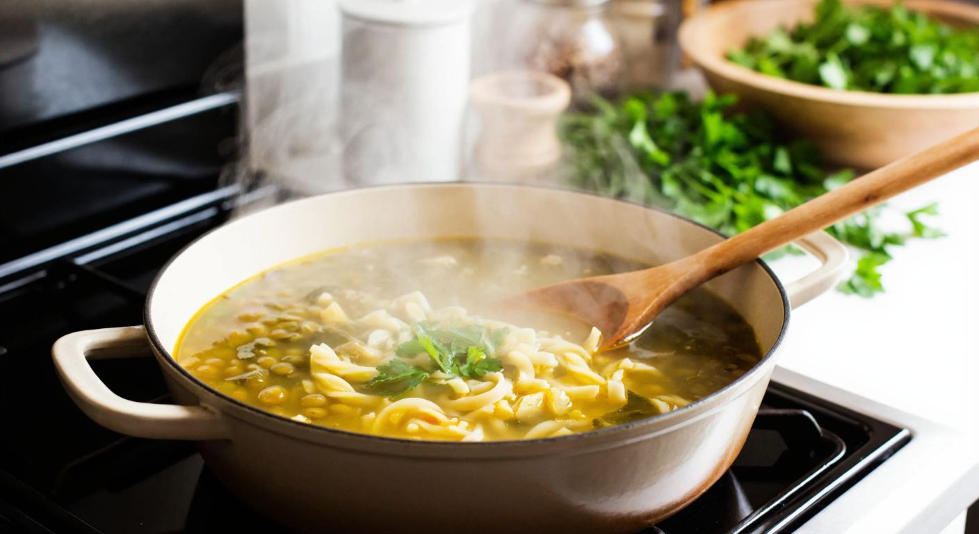 A steaming pot of green lentil and noodle soup on a stovetop, with a wooden spoon resting on the rim, surrounded by fresh herbs and a warm kitchen backdrop.