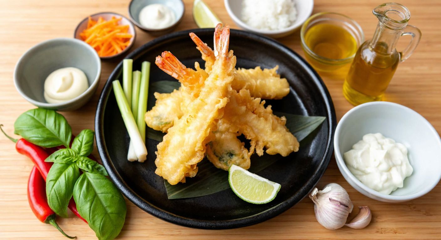 A vibrant Japanese-style tempura platter with golden-fried shrimp and vegetables, surrounded by small bowls of ingredients like mayonnaise, fresh basil leaves, grated lime zest, garlic cloves, and olive oil, arranged neatly on a wooden table.