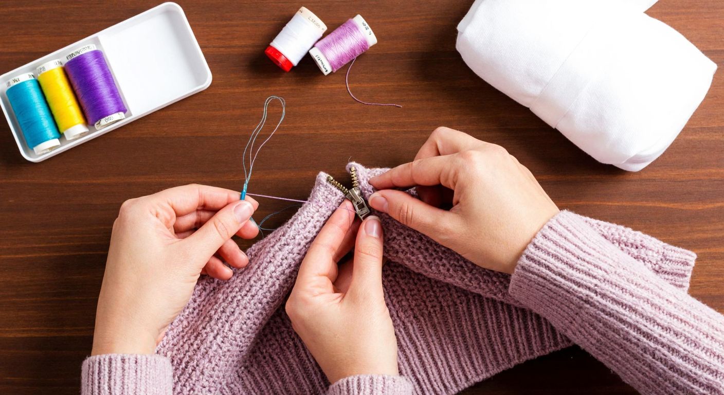 A pair of skilled hands carefully sewing a zipper onto a knitted cardigan, with a neatly arranged sewing kit and colorful spools of thread nearby on a wooden table.