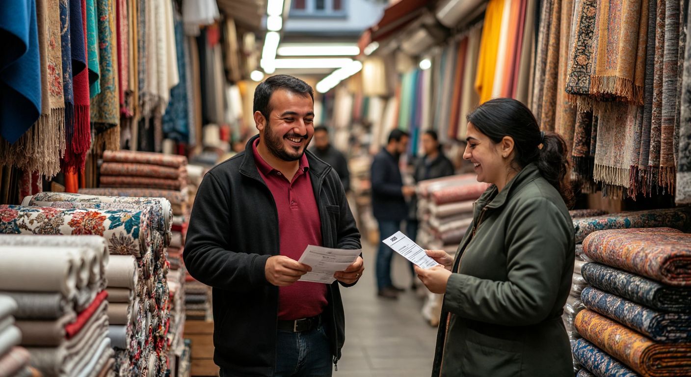 A cheerful Turkish shopkeeper in a bustling textile bazaar carefully inspects an undamaged, unused fabric roll while a satisfied customer smiles nearby, holding a receipt.