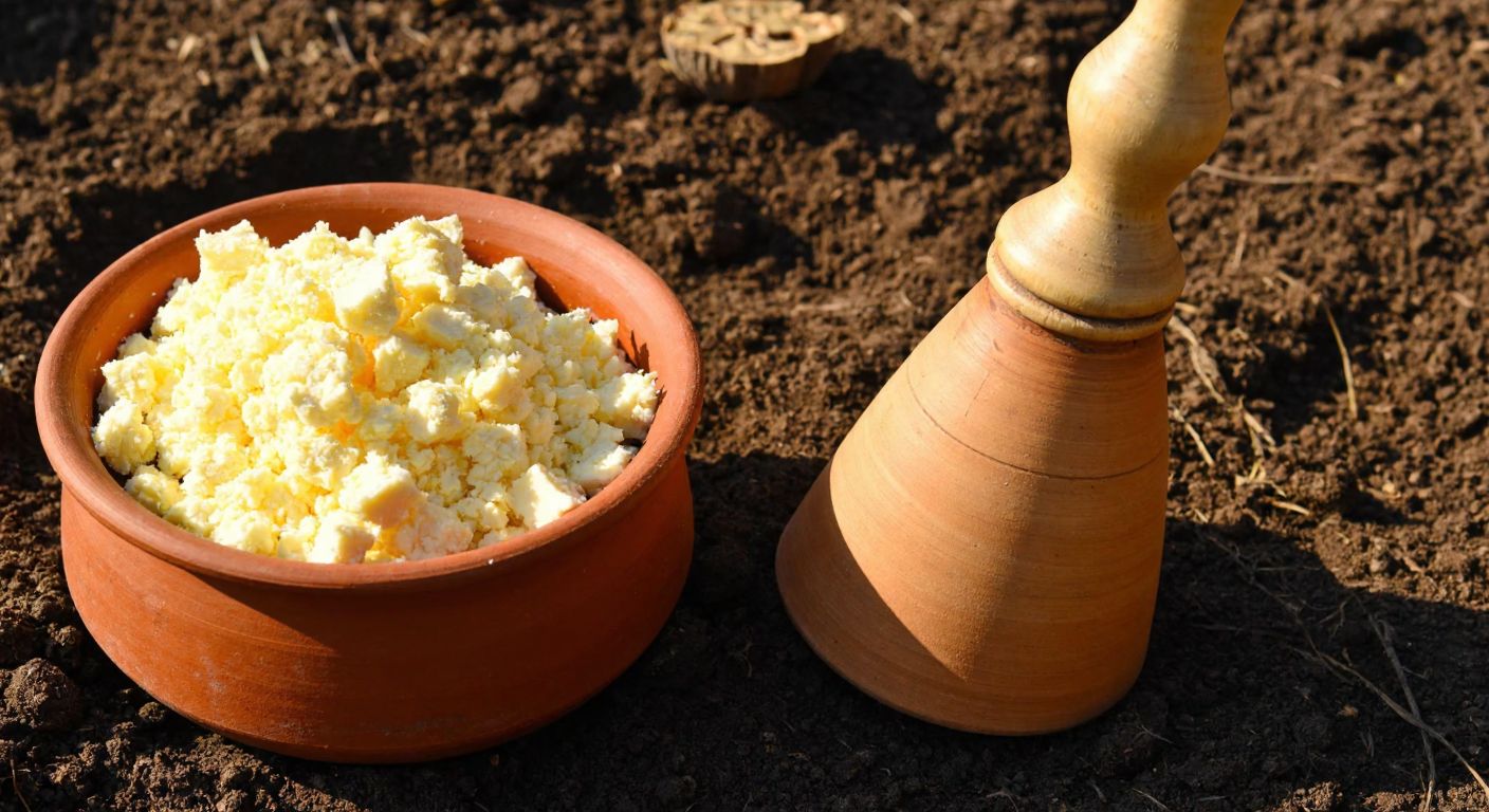 A rustic earthenware pot filled with crumbled yellow cheese, nestled in rich brown soil under warm sunlight, with a traditional Turkish wooden cheese press nearby.