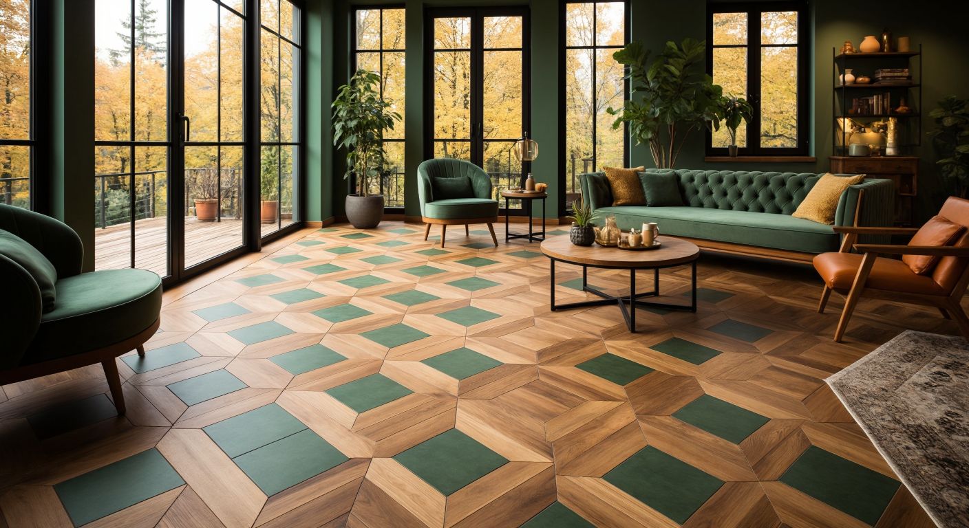 A warm-toned Turkish living room floor features a seamless geometric pattern of honey-colored wooden parquet and hexagonal ceramic tiles in earthy green, blending traditional craftsmanship with modern design.