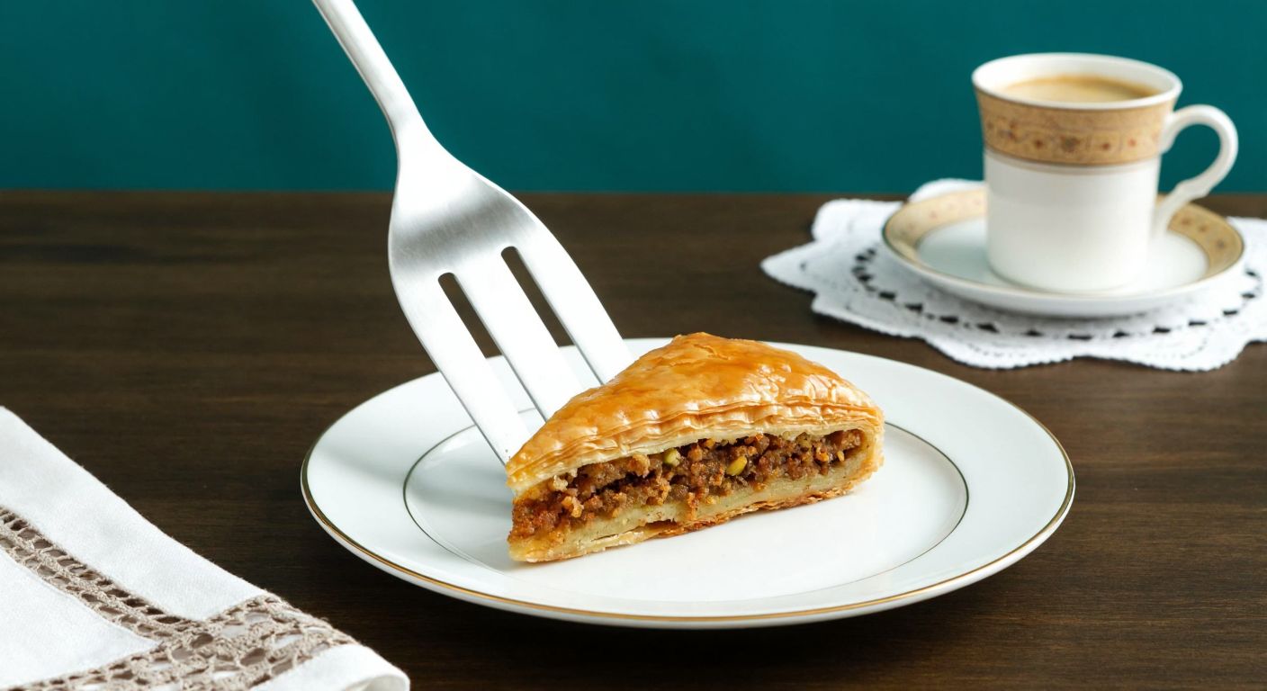A stainless steel cake server tongs gently lifting a slice of baklava from a round porcelain plate, with a Turkish coffee cup and a lace doily on a wooden table in the background.