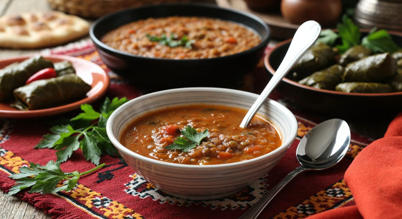 A polished stainless steel dining spoon rests on a traditional Turkish tablecloth, surrounded by a warm, inviting spread of home-cooked dishes like lentil soup and stuffed grape leaves.