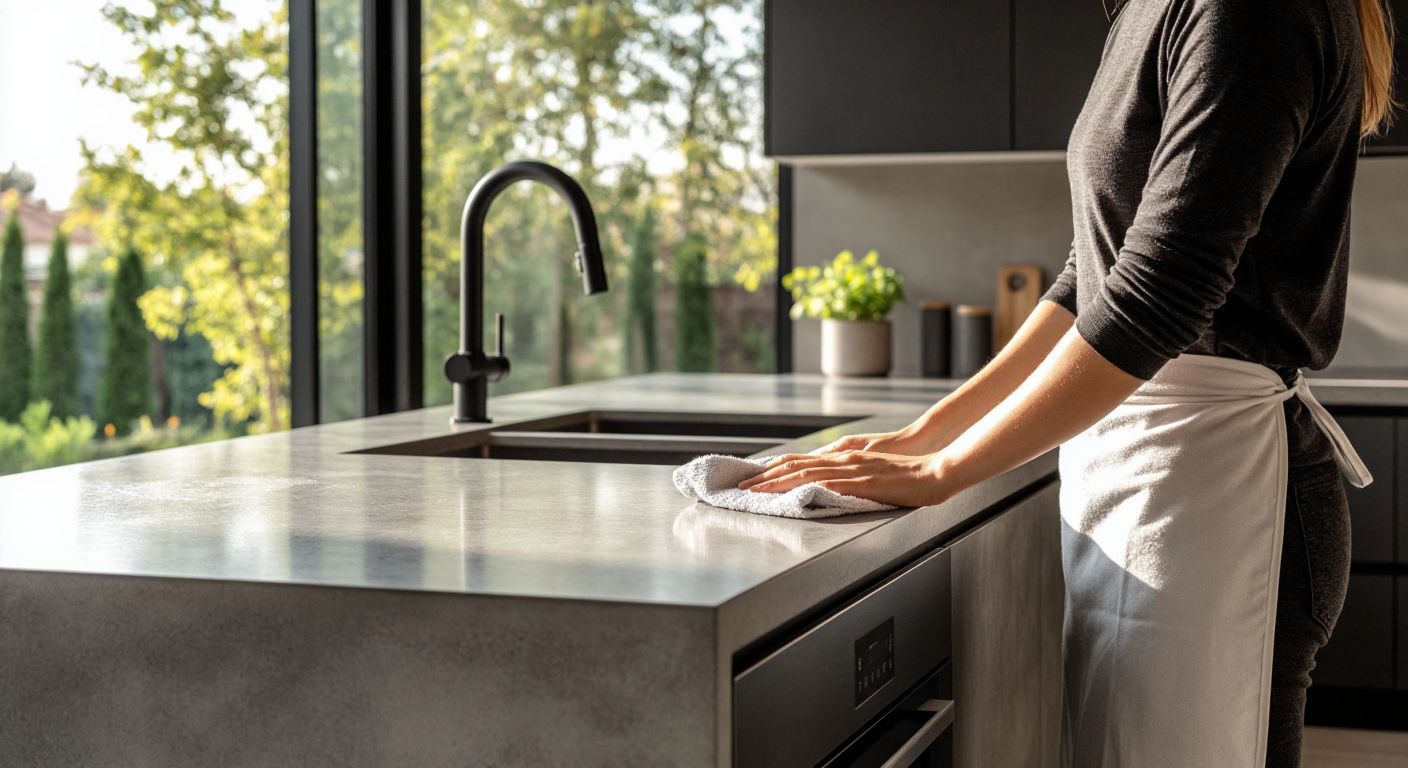 A sleek, modern Turkish kitchen with a smooth, gray micro-cement countertop, where a person wipes its durable surface with a damp cloth while sunlight streams through a window, reflecting off the water-resistant finish.