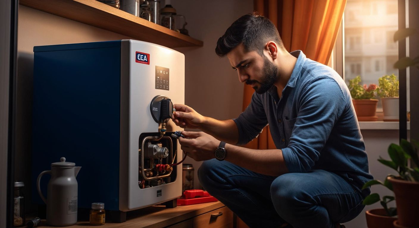 A focused Turkish man in a cozy home setting carefully adjusts a small valve inside an open ECA-branded boiler with a screwdriver, wearing a cautious expression while ensuring safety.
