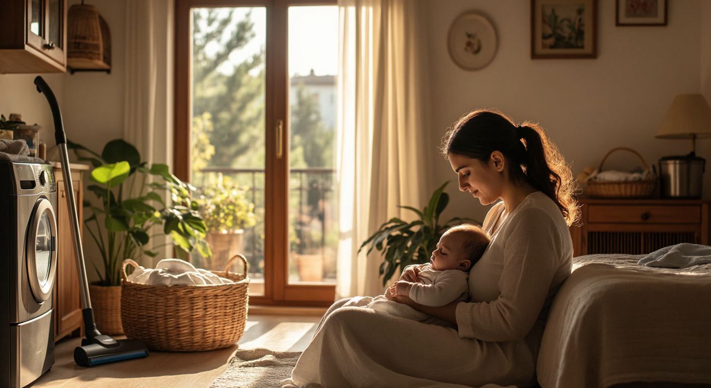 A Turkish mother gently rocks a sleeping baby in a cozy, sunlit room while a vacuum cleaner hums softly in the background, its cord neatly coiled beside a woven basket of laundry.