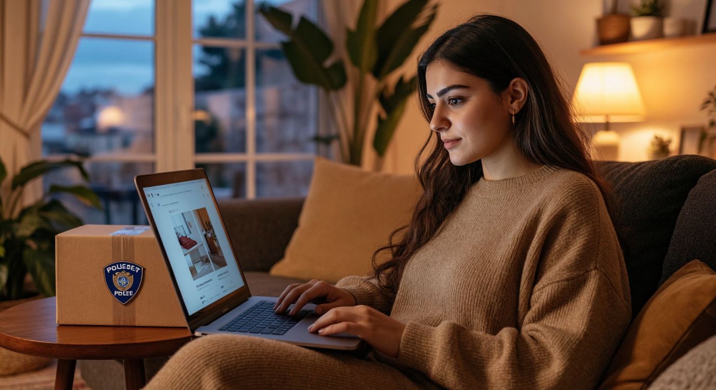 A Turkish woman in a cozy home setting confidently browses a laptop displaying a secure shopping website, while a neatly packaged box with a police-themed logo sits beside her, symbolizing trust and reliability.