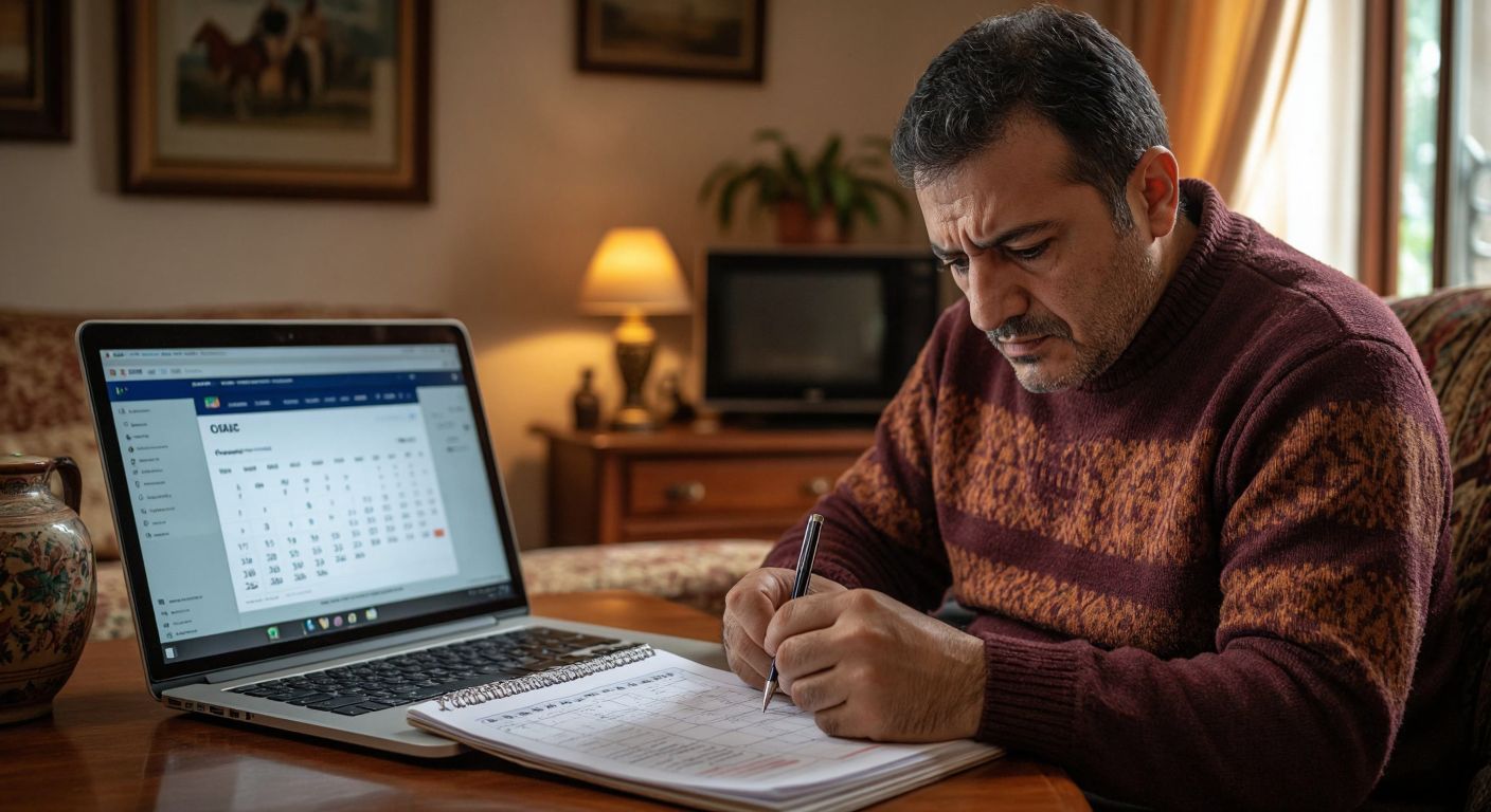 A concerned Turkish citizen in a modest home setting checks a calendar with a pen in hand, while a laptop displaying a government website sits nearby, reflecting their search for payment information.