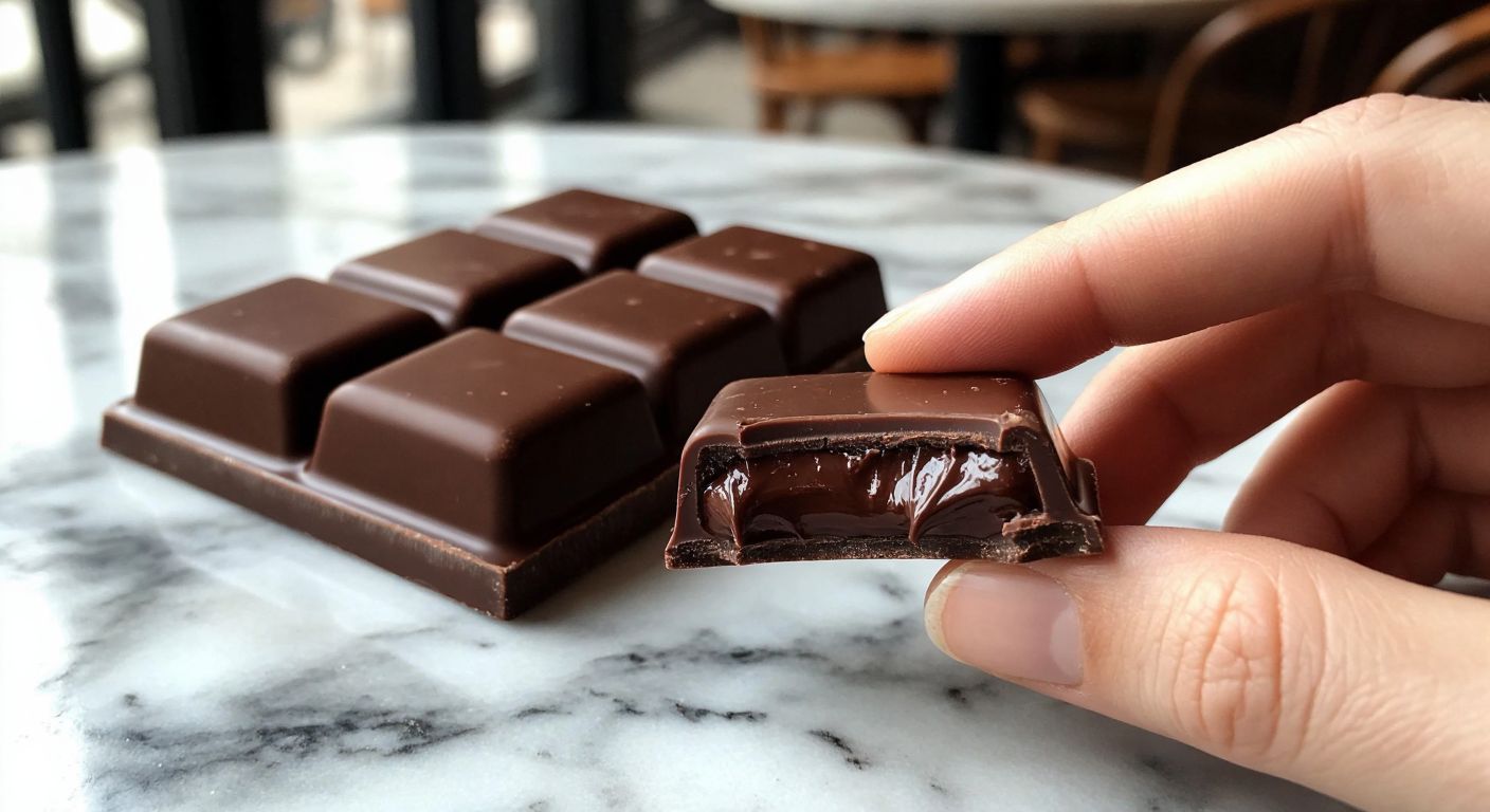 A close-up of a hand holding a glossy, bite-sized praline filled with creamy chocolate next to a smooth, dark chocolate bar on a marble countertop in a Turkish café.