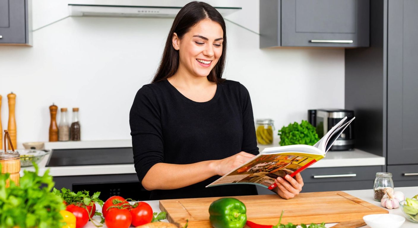 A Turkish woman in a modern kitchen smiles while flipping through a colorful cooking magazine, surrounded by fresh ingredients like tomatoes, peppers, and herbs.