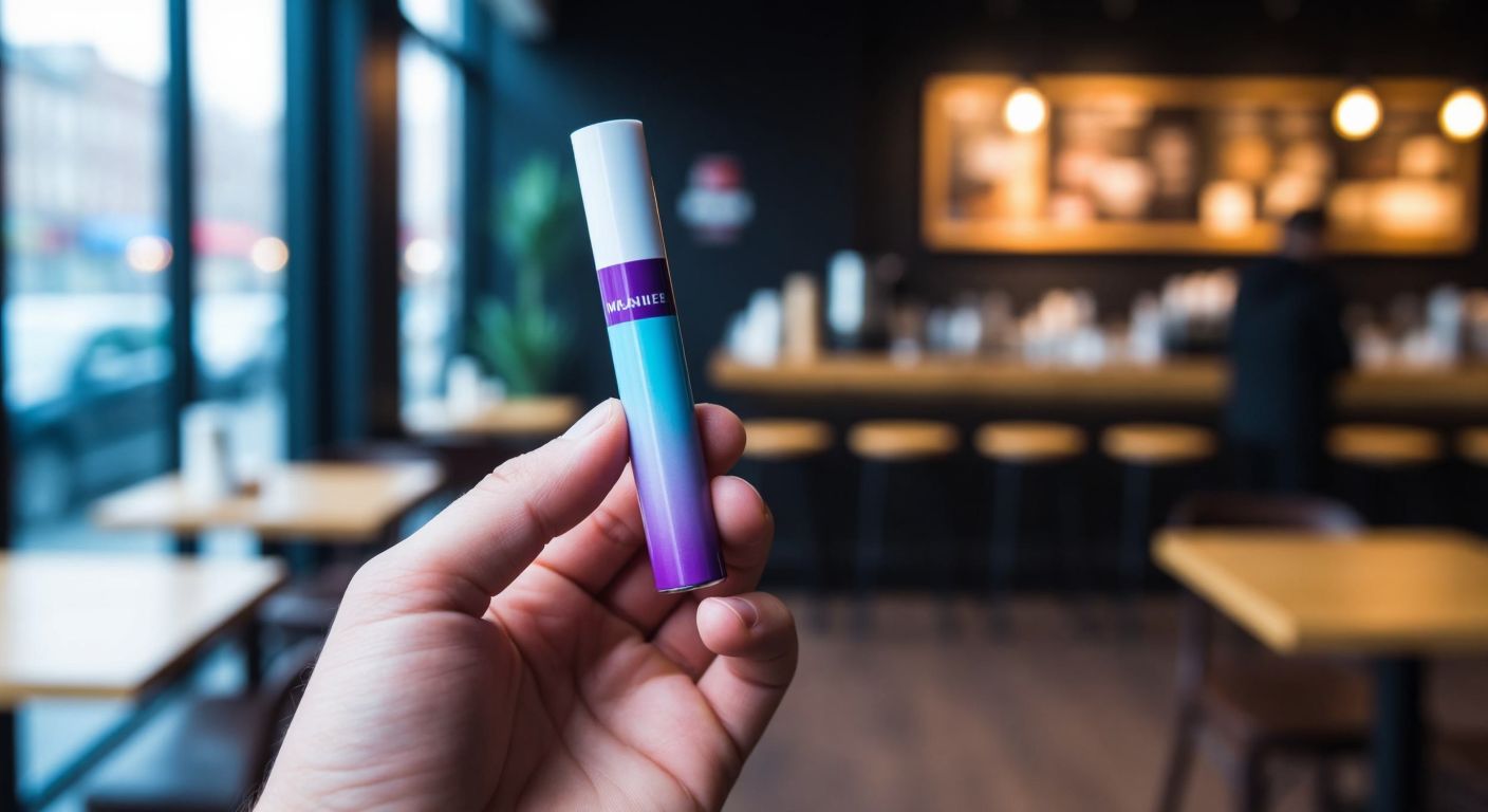 A hand holding a sleek cigarette with a dual-colored filter (blue and purple) against a blurred café background, evoking the mingling scents of cool menthol and sweet blackberry.