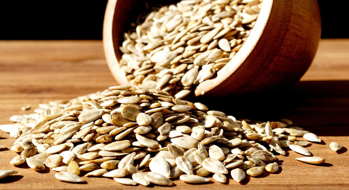 A vibrant close-up of a handful of sunflower seeds and pumpkin seeds spilling from a rustic wooden bowl, with warm sunlight highlighting their textures against a neutral background.