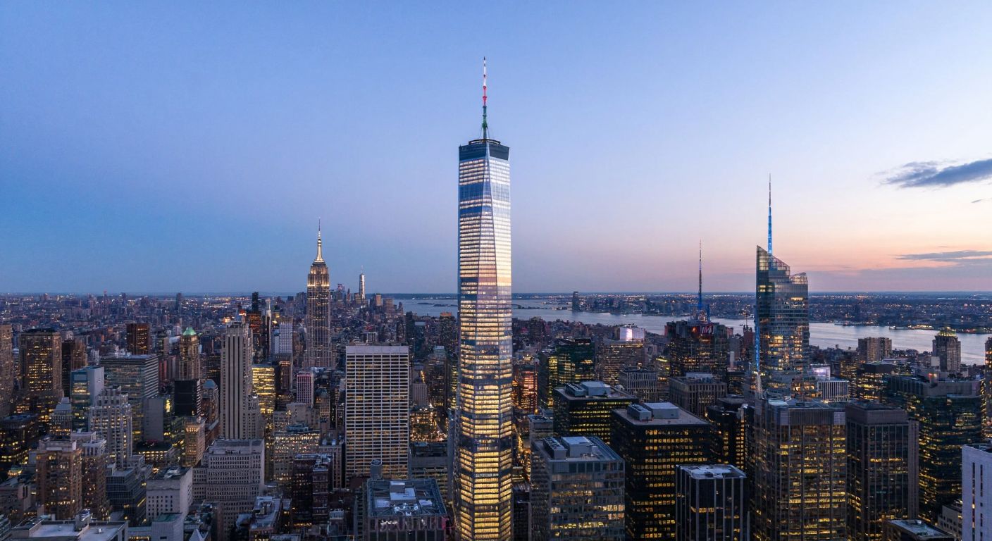 A towering modern skyscraper with the American flag at its peak, set against a bustling New York City skyline at dusk.