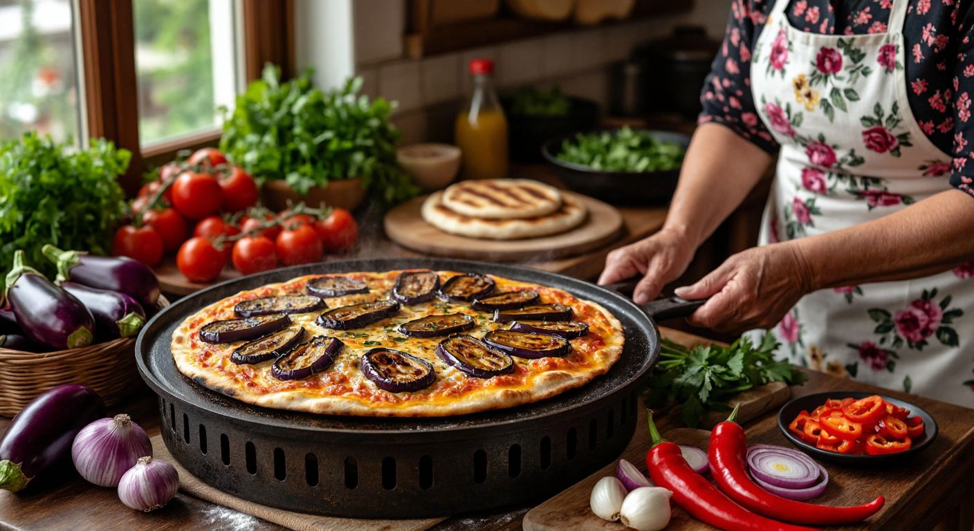 A warm, golden-brown eggplant gözleme sizzles on a traditional Turkish griddle, surrounded by fresh ingredients like diced eggplant, onions, and peppers, with a smiling elderly woman in a floral apron rolling out dough nearby.
