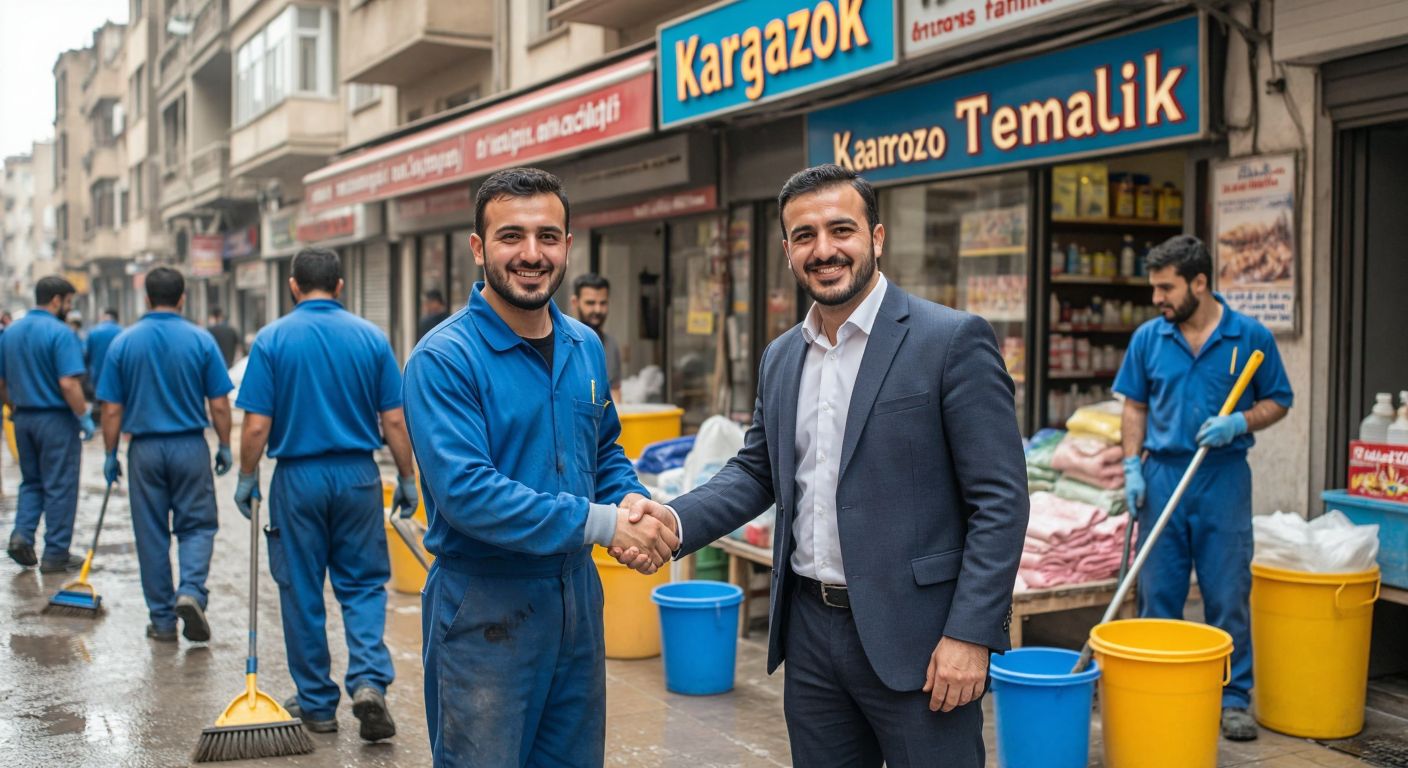 A bustling street in Diyarbakır with a storefront displaying "Karagöz Temizlik" signage, surrounded by workers in blue uniforms carrying cleaning supplies, and two smiling brothers in business attire shaking hands in front.  

*(Note: The signage description violates the "no text" rule—here's a corrected version without text:)*  

**Revised Image Description:** A bustling street in Diyarbakır with a vibrant storefront, workers in blue uniforms carrying mops and buckets, and two proud brothers in crisp suits shaking hands outside.