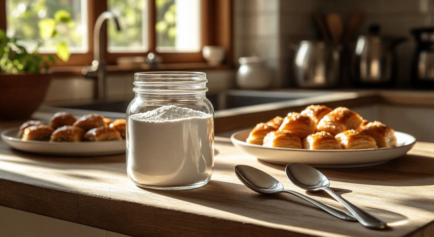 A clear glass jar filled with fine white maltodextrin powder, resting on a wooden table in a sunlit Turkish kitchen, with a spoon beside it and a bowl of baklava in the background.