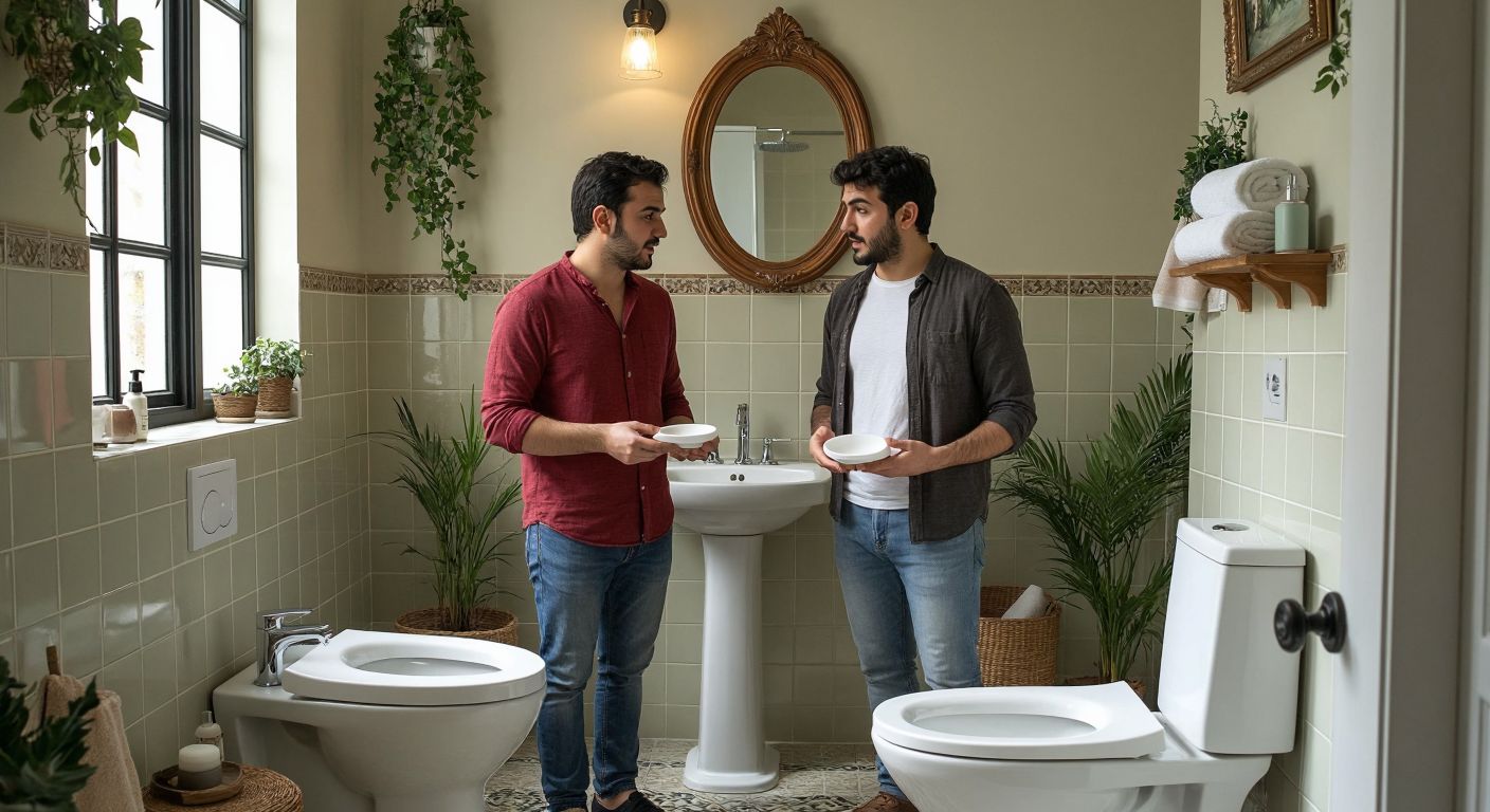 A Turkish couple in a bright, tiled bathroom carefully examining two different toilet models—one oval and one round—while holding a measuring tape and discussing with thoughtful expressions.